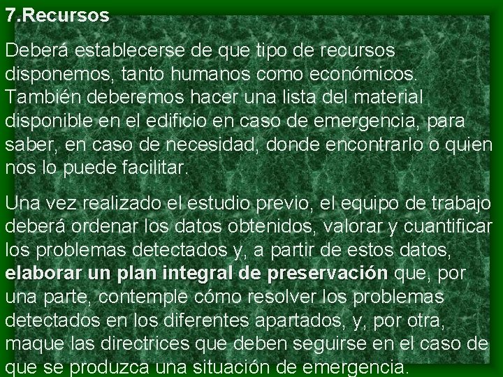 7. Recursos Deberá establecerse de que tipo de recursos disponemos, tanto humanos como económicos.