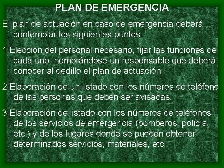 PLAN DE EMERGENCIA El plan de actuación en caso de emergencia deberá contemplar los