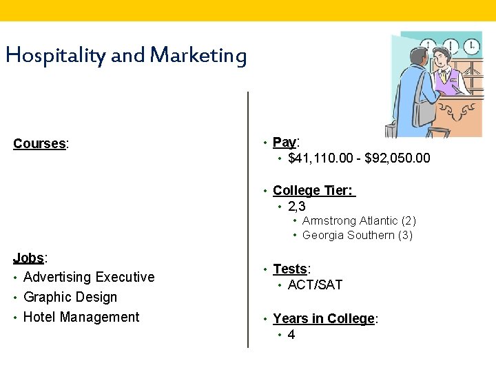 Hospitality and Marketing Courses: • Pay: • $41, 110. 00 - $92, 050. 00