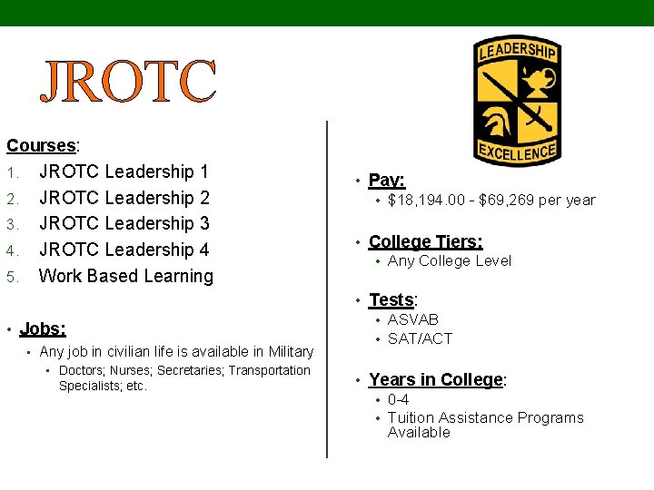 JROTC Courses: 1. 2. 3. 4. 5. JROTC Leadership 1 JROTC Leadership 2 JROTC