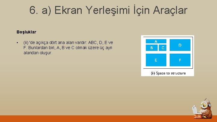 6. a) Ekran Yerleşimi İçin Araçlar Boşluklar • (ii) 'de açıkça dört ana alan