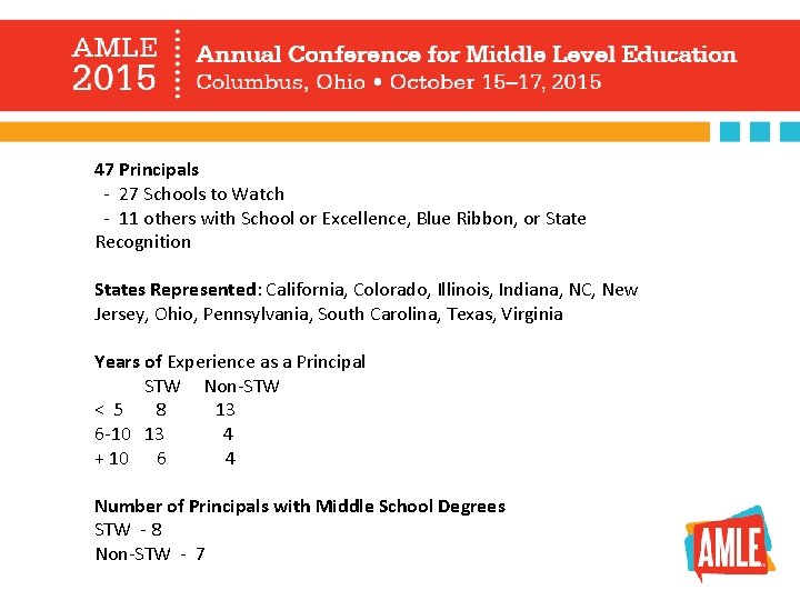 47 Principals - 27 Schools to Watch - 11 others with School or Excellence,