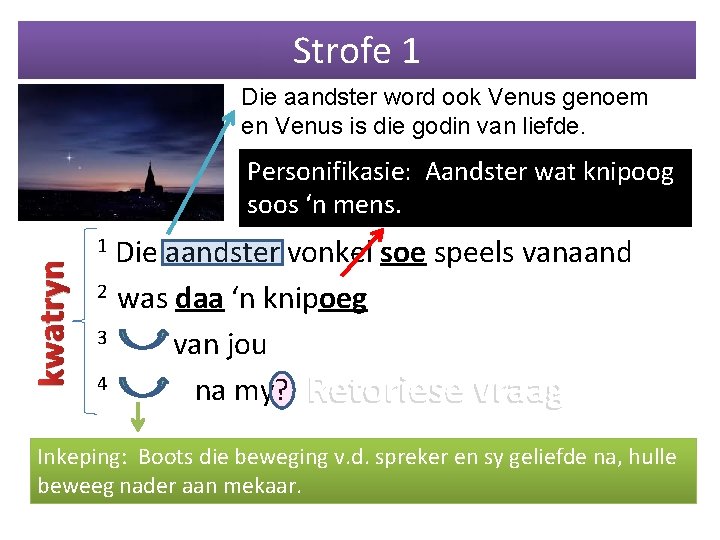 Strofe 1 Die aandster word ook Venus genoem en Venus is die godin van