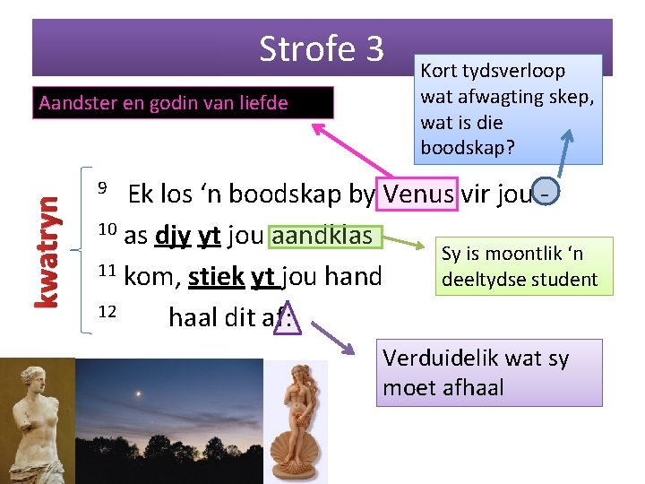 Strofe 3 kwatryn Aandster en godin van liefde Kort tydsverloop wat afwagting skep, wat