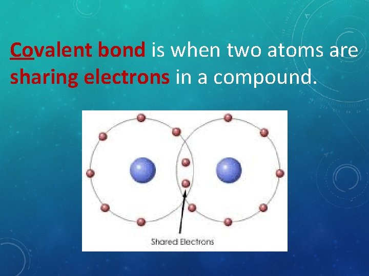 Covalent bond is when two atoms are sharing electrons in a compound. 