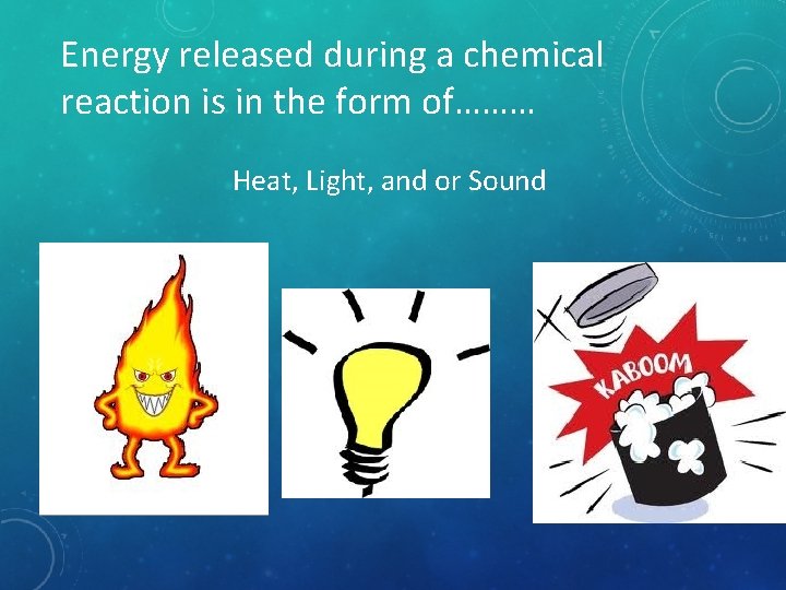 Energy released during a chemical reaction is in the form of……… Heat, Light, and