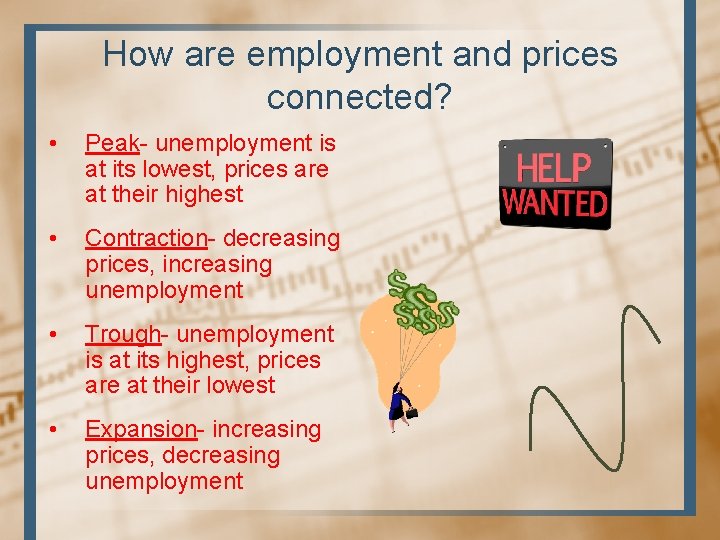 How are employment and prices connected? • Peak- unemployment is at its lowest, prices