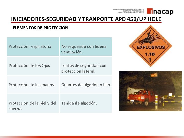 INICIADORES-SEGURIDAD Y TRANPORTE APD 450/UP HOLE ELEMENTOS DE PROTECCIÓN Protección respiratoria No requerida con