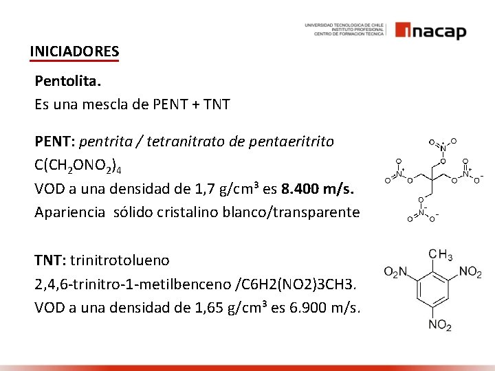 INICIADORES Pentolita. Es una mescla de PENT + TNT PENT: pentrita / tetranitrato de