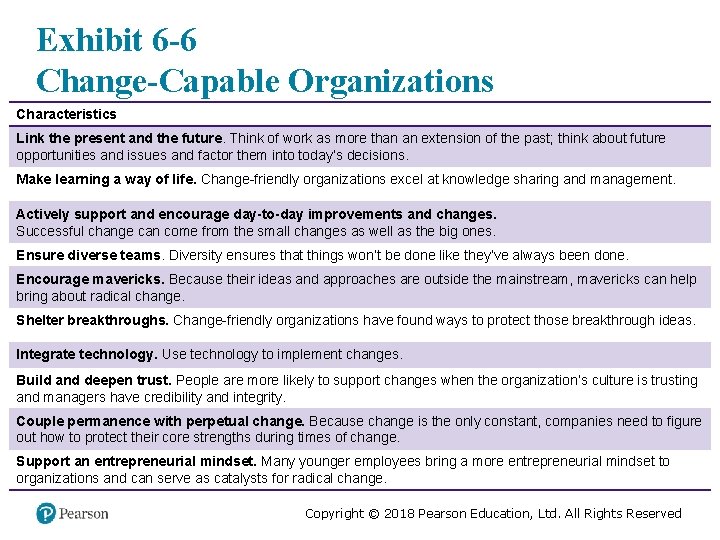 Exhibit 6 -6 Change-Capable Organizations Characteristics Link the present and the future. Think of