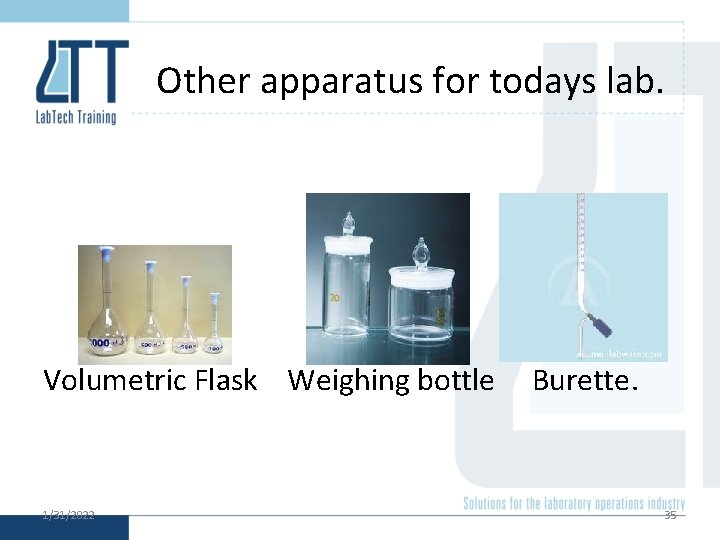 Other apparatus for todays lab. Volumetric Flask Weighing bottle 1/31/2022 Burette. 35 