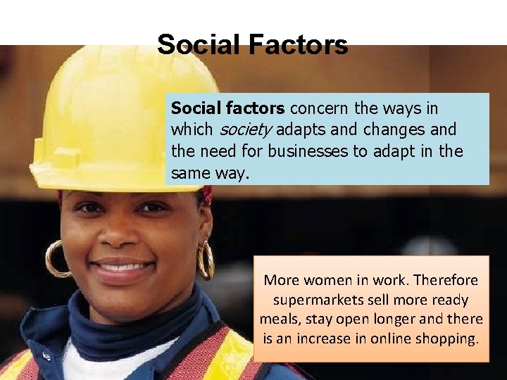 Social Factors Social factors concern the ways in which society adapts and changes and