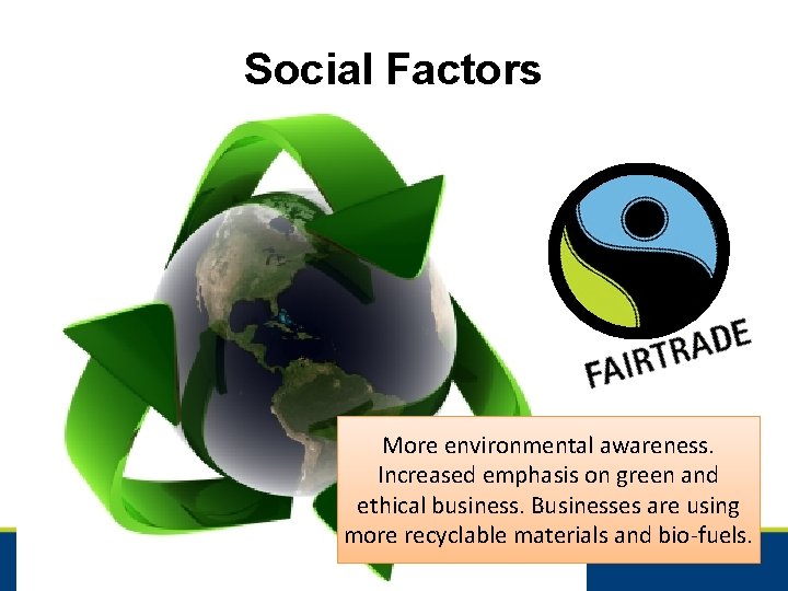 Social Factors More environmental awareness. Increased emphasis on green and ethical business. Businesses are