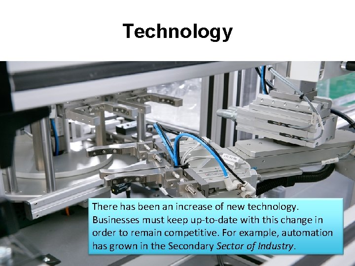 Technology There has been an increase of new technology. Businesses must keep up-to-date with