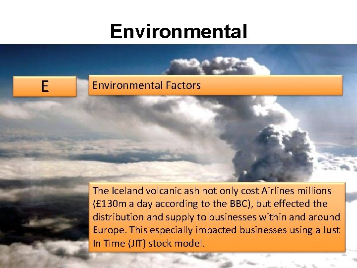 Environmental E Environmental Factors The Iceland volcanic ash not only cost Airlines millions (£