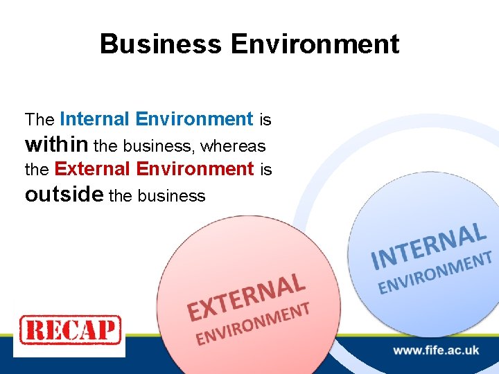 Business Environment The Internal Environment is within the business, whereas the External Environment is