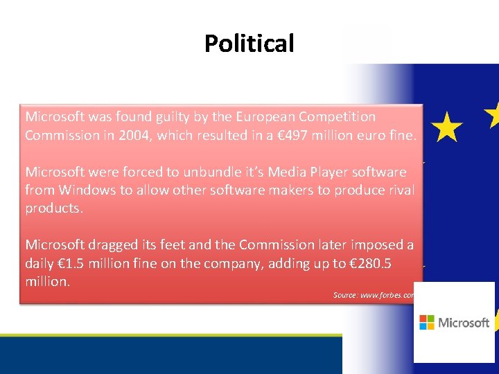 Political Microsoft was found guilty by the European Competition Commission in 2004, which resulted