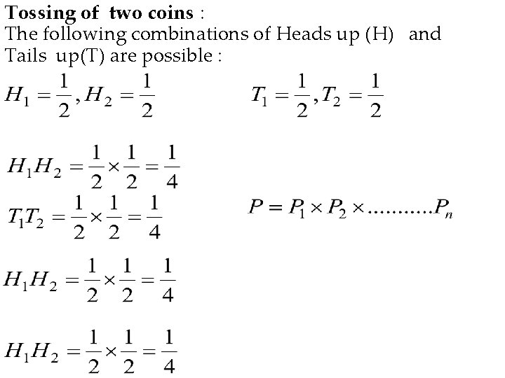 Tossing of two coins : The following combinations of Heads up (H) and Tails
