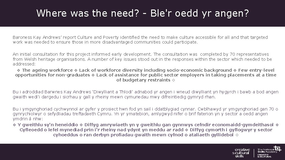 Where was the need? - Ble'r oedd yr angen? Baroness Kay Andrews’ report Culture