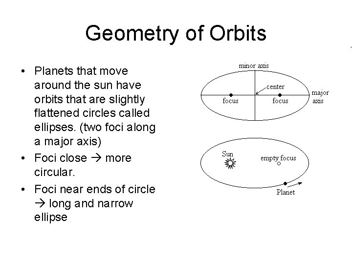 Geometry of Orbits • Planets that move around the sun have orbits that are