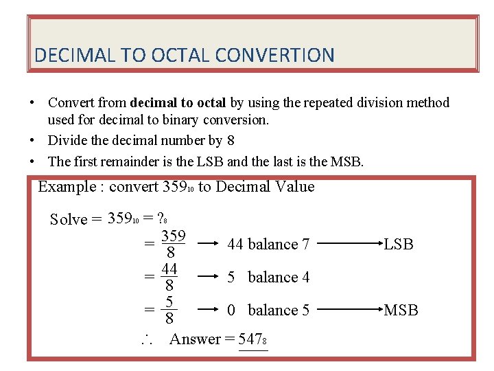 DECIMAL TO OCTAL CONVERTION • Convert from decimal to octal by using the repeated
