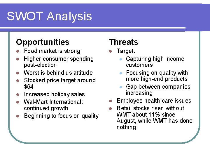 SWOT Analysis Opportunities l l l l Food market is strong Higher consumer spending