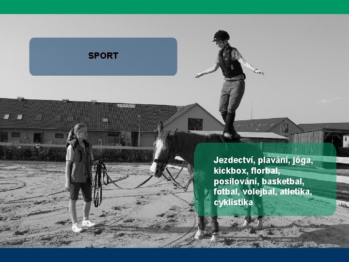 SPORT Jezdectví, plavání, jóga, kickbox, florbal, posilování, basketbal, fotbal, volejbal, atletika, cyklistika 