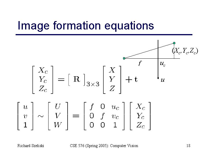 Image formation equations (Xc, Yc, Zc) f uc u Richard Szeliski CSE 576 (Spring