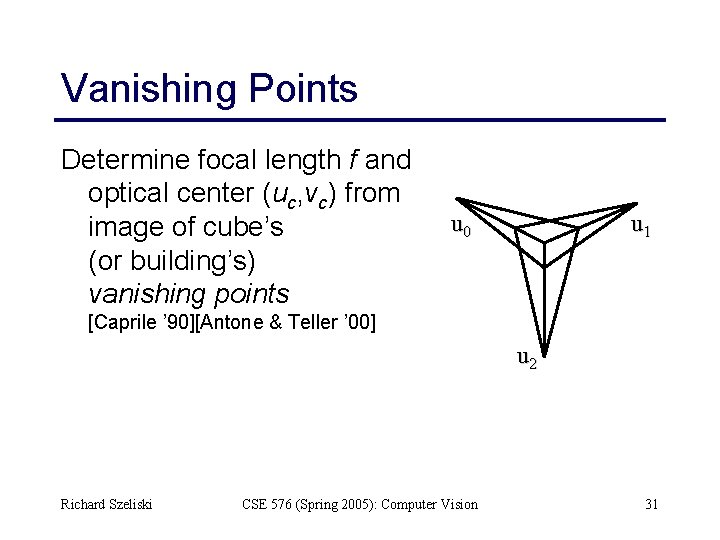 Vanishing Points Determine focal length f and optical center (uc, vc) from image of