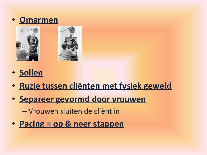  • Omarmen • Sollen • Ruzie tussen cliënten met fysiek geweld • Separeer