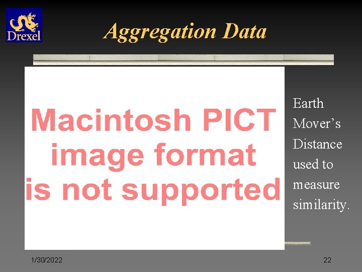 Aggregation Data Earth Mover’s Distance used to measure similarity. 1/30/2022 22 