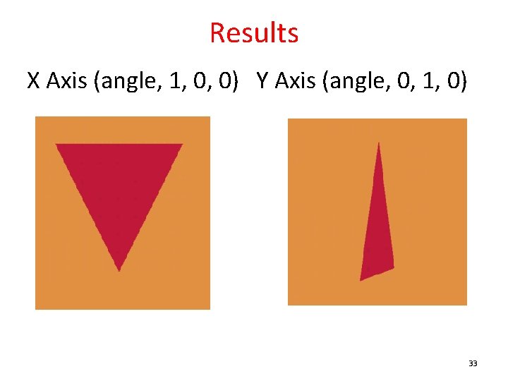 Results X Axis (angle, 1, 0, 0) Y Axis (angle, 0, 1, 0) 33