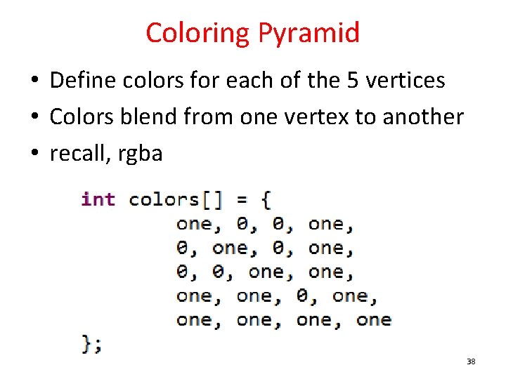 Coloring Pyramid • Define colors for each of the 5 vertices • Colors blend