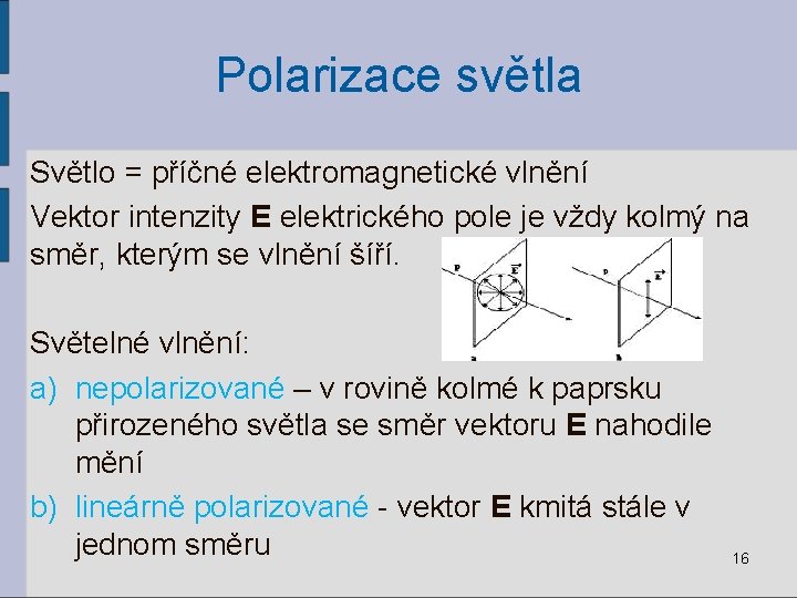 Polarizace světla Světlo = příčné elektromagnetické vlnění Vektor intenzity E elektrického pole je vždy