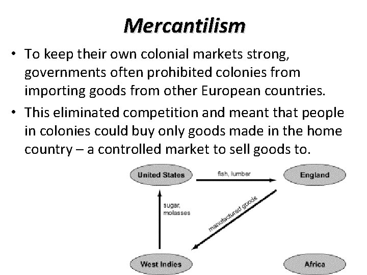 Mercantilism • To keep their own colonial markets strong, governments often prohibited colonies from