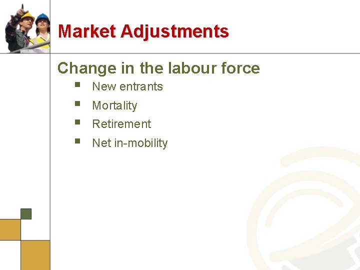 Market Adjustments Change in the labour force § New entrants § Mortality § Retirement