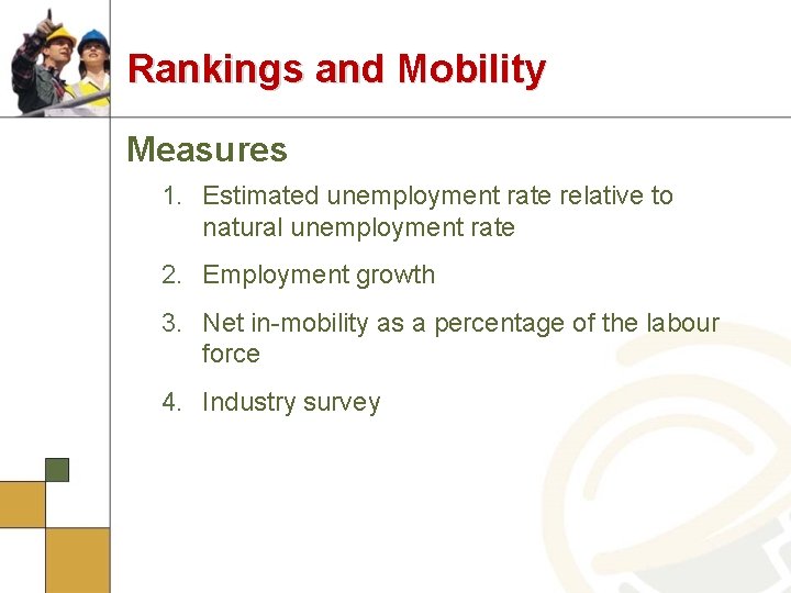 Rankings and Mobility Measures 1. Estimated unemployment rate relative to natural unemployment rate 2.