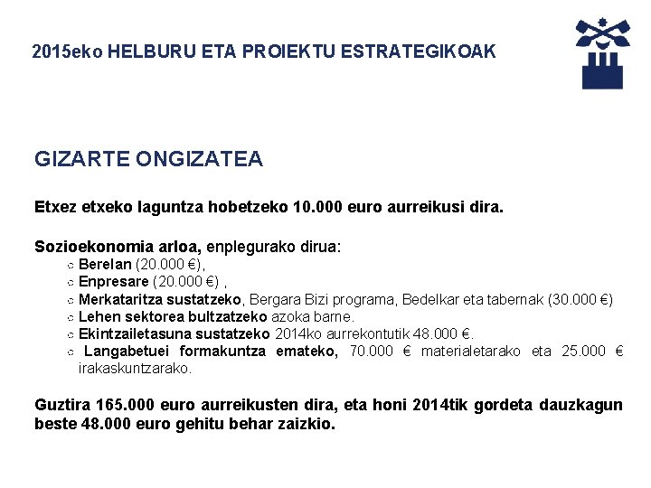 2015 eko HELBURU ETA PROIEKTU ESTRATEGIKOAK GIZARTE ONGIZATEA Etxez etxeko laguntza hobetzeko 10. 000