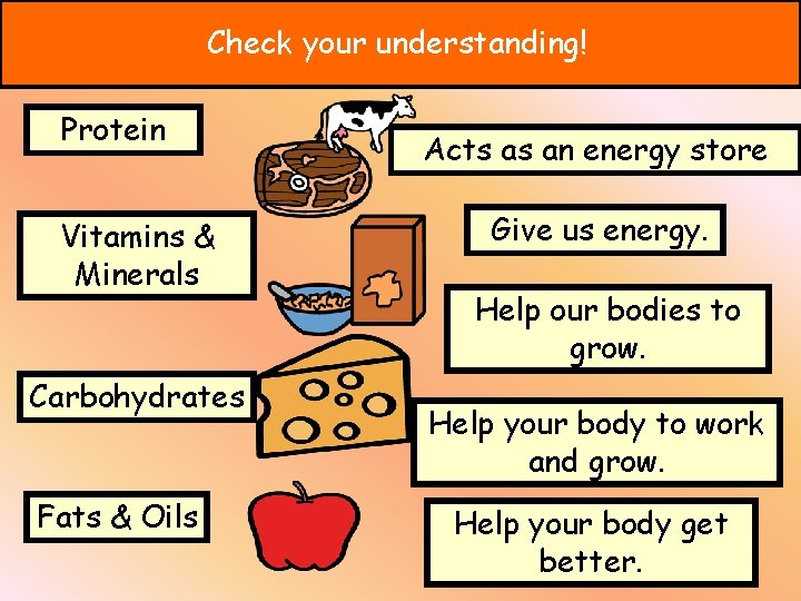 Check your understanding! Protein Vitamins & Minerals Carbohydrates Fats & Oils Acts as an