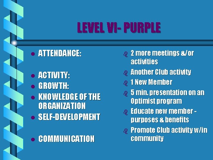 LEVEL VI- PURPLE l ATTENDANCE: l ACTIVITY: GROWTH: KNOWLEDGE OF THE ORGANIZATION SELF-DEVELOPMENT l