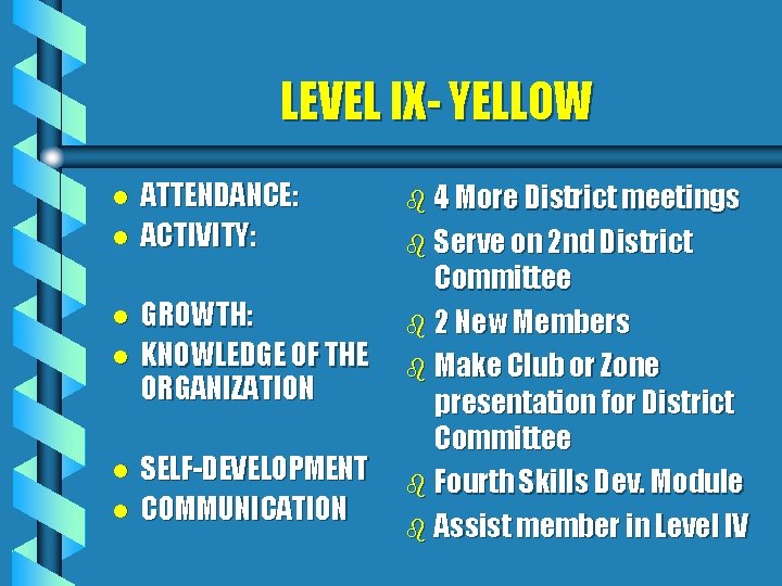 LEVEL IX- YELLOW l l l ATTENDANCE: ACTIVITY: GROWTH: KNOWLEDGE OF THE ORGANIZATION SELF-DEVELOPMENT