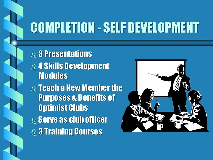 COMPLETION - SELF DEVELOPMENT b 3 Presentations b 4 Skills Development Modules b Teach
