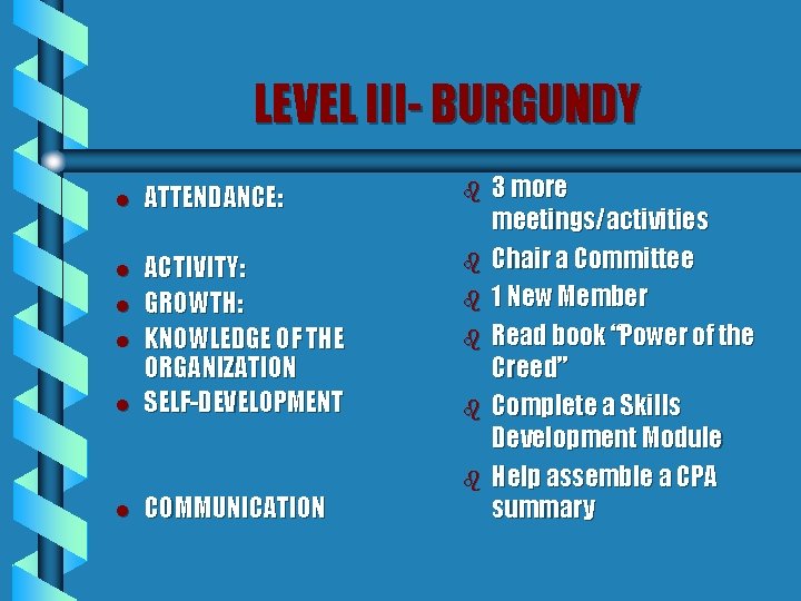 LEVEL III- BURGUNDY l ATTENDANCE: b l ACTIVITY: GROWTH: KNOWLEDGE OF THE ORGANIZATION SELF-DEVELOPMENT