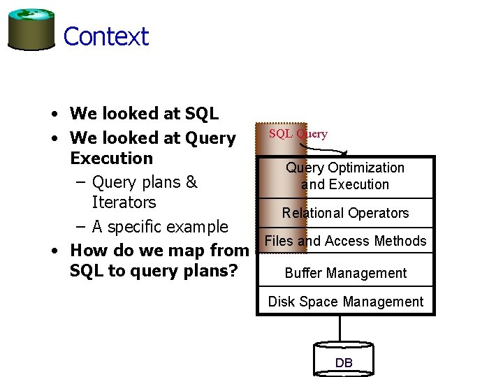 Context • We looked at SQL Query • We looked at Query Execution Query