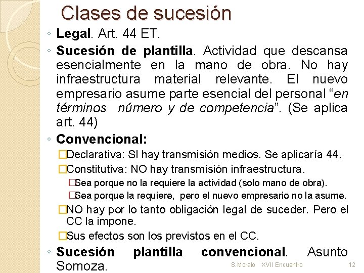 Clases de sucesión ◦ Legal. Art. 44 ET. ◦ Sucesión de plantilla. Actividad que