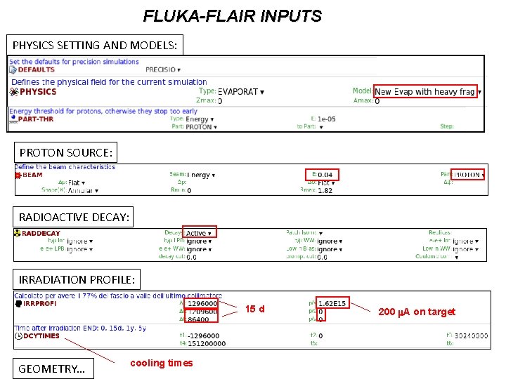 FLUKA-FLAIR INPUTS PHYSICS SETTING AND MODELS: PROTON SOURCE: RADIOACTIVE DECAY: IRRADIATION PROFILE: 15 d