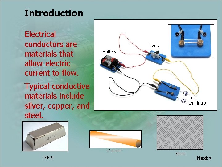 Introduction Electrical conductors are materials that allow electric current to flow. Lamp Battery Typical