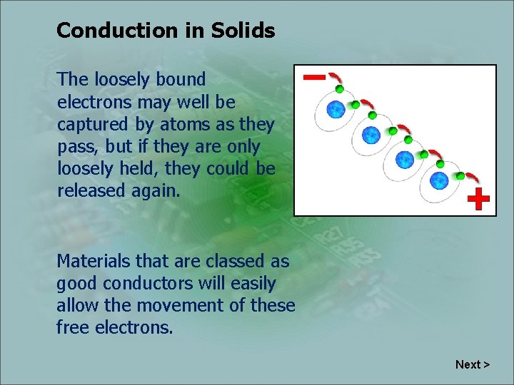 Conduction in Solids The loosely bound electrons may well be captured by atoms as