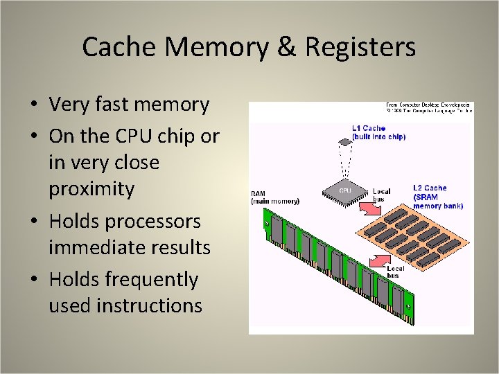 Cache Memory & Registers • Very fast memory • On the CPU chip or Cache Memory & Registers • Very fast memory • On the CPU chip or