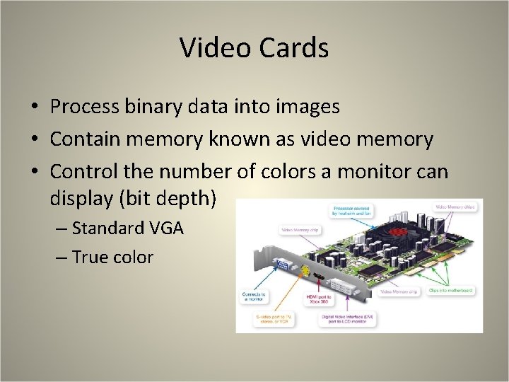 Video Cards • Process binary data into images • Contain memory known as video Video Cards • Process binary data into images • Contain memory known as video